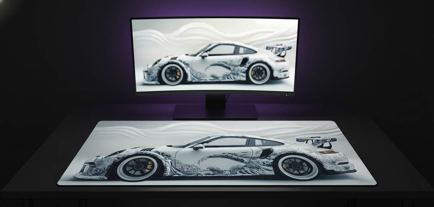 Porsche 911 Kanagwa Blue on White Deskmat (XL)