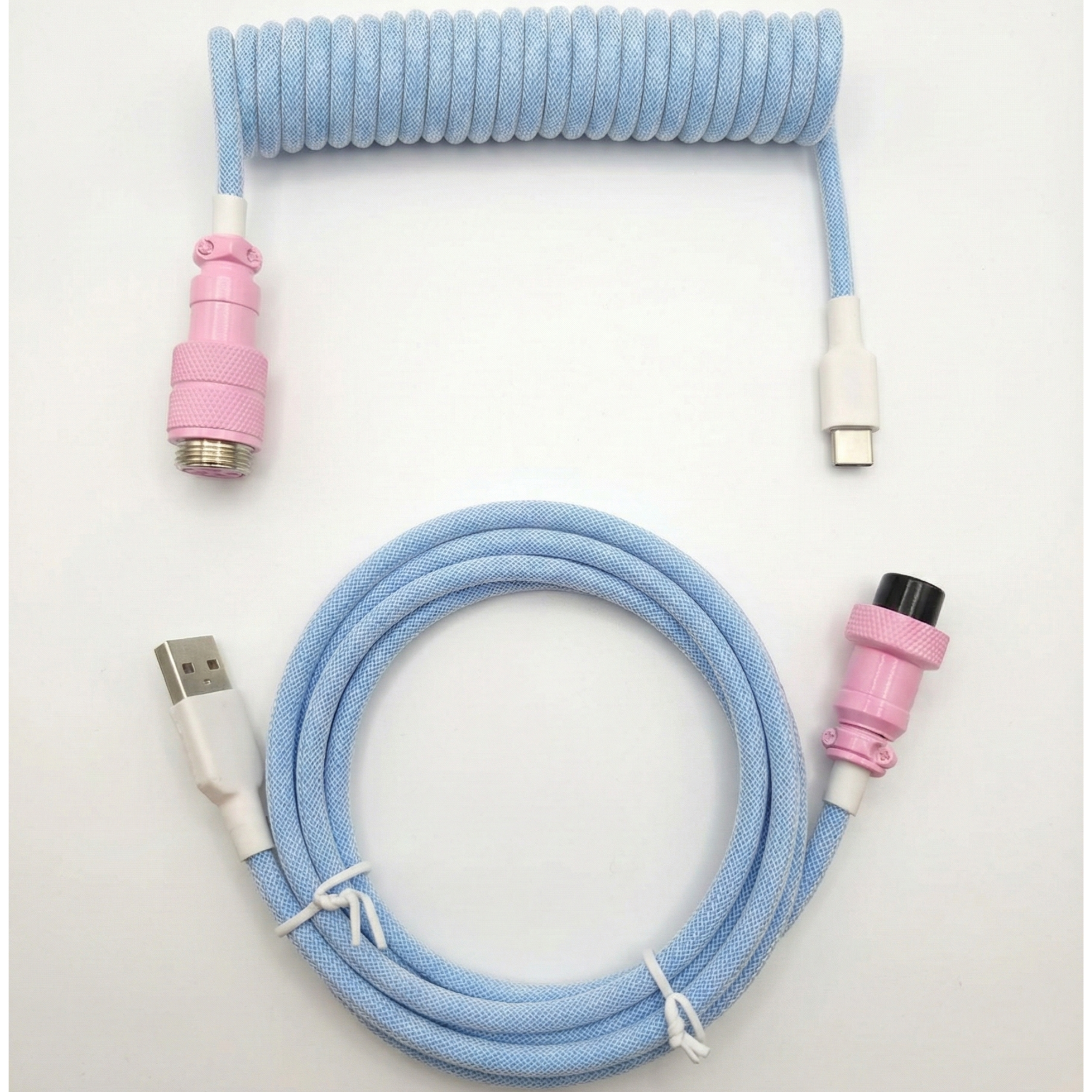 Marsh Gaming Premium Custom Coiled Cable for Mechanical Keyboards | Light Blue with White Aviator Connectors